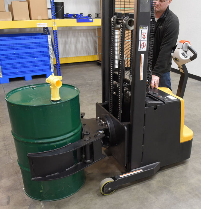 Electric Drum Transporter | 800 lb Capacity | 64" Dispensing Height | Drum Gripper and Rotator | Vestil S-MU-VDGR-64