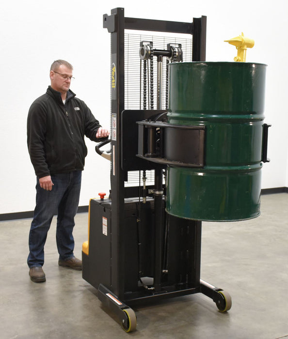 Electric Drum Transporter | 800 lb Capacity | 64" Dispensing Height | Drum Gripper and Rotator | Vestil S-MU-VDGR-64